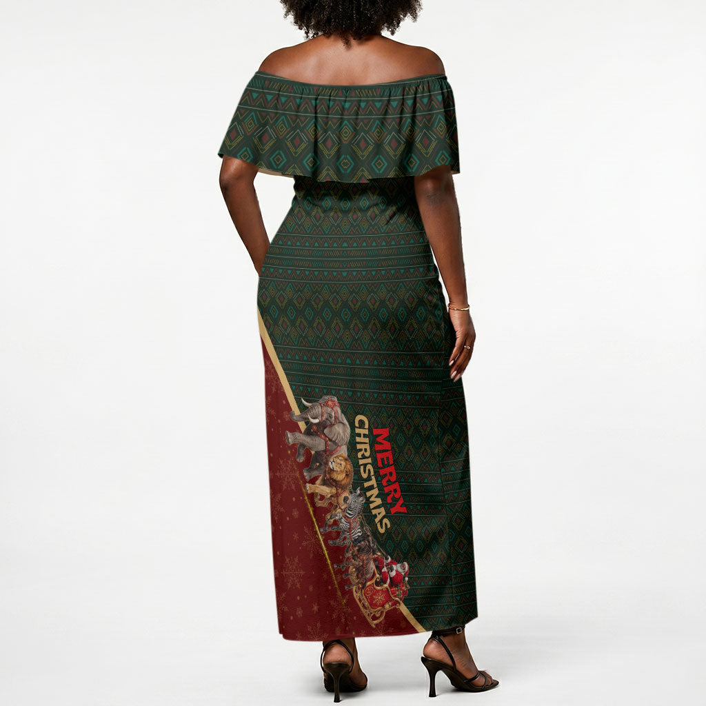 African Safari Animals Christmas Sleigh Off Shoulder Maxi Dress Festive Wildlife Tribal Pattern Santa Sleigh