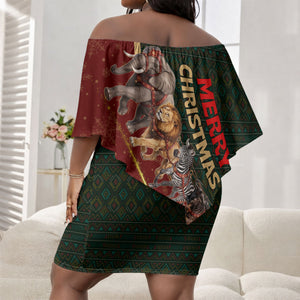 African Safari Animals Christmas Sleigh Off Shoulder Short Dress Festive Wildlife Tribal Pattern Santa Sleigh