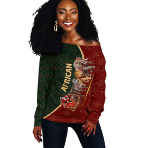 African Safari Animals Christmas Sleigh Off Shoulder Sweater Festive Wildlife Tribal Pattern Santa Sleigh