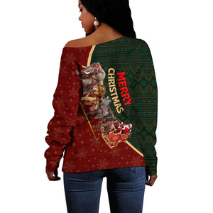 African Safari Animals Christmas Sleigh Off Shoulder Sweater Festive Wildlife Tribal Pattern Santa Sleigh