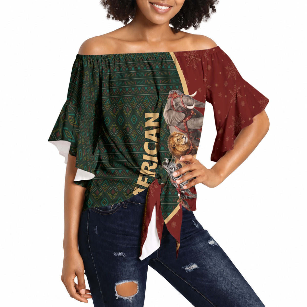 African Safari Animals Christmas Sleigh Off Shoulder Wrap Waist Top Festive Wildlife Tribal Pattern Santa Sleigh