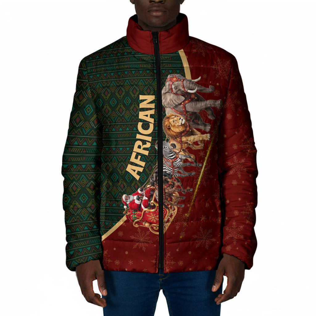 African Safari Animals Christmas Sleigh Padded Jacket Festive Wildlife Tribal Pattern Santa Sleigh