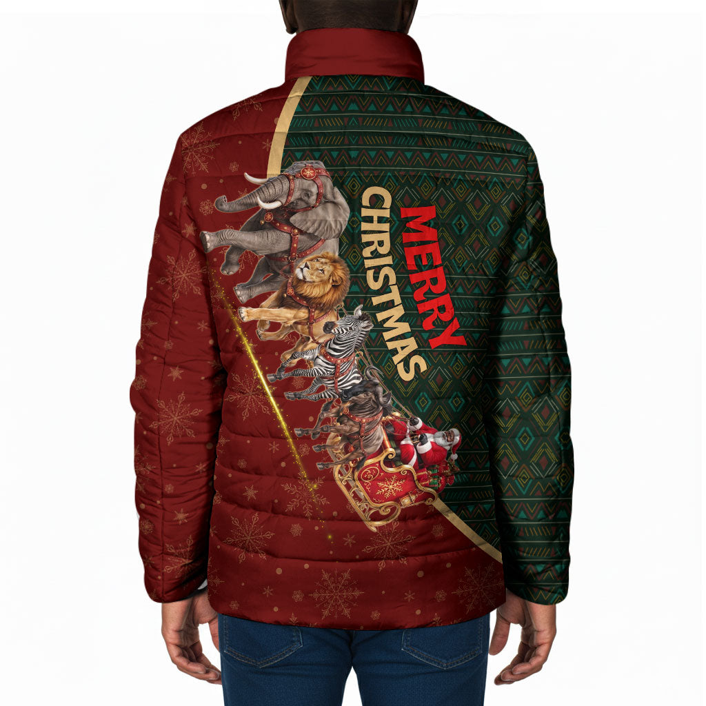 African Safari Animals Christmas Sleigh Padded Jacket Festive Wildlife Tribal Pattern Santa Sleigh