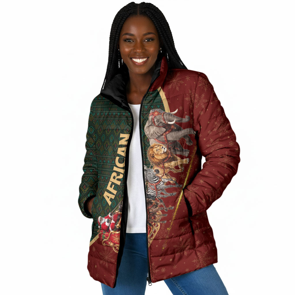 African Safari Animals Christmas Sleigh Padded Jacket Festive Wildlife Tribal Pattern Santa Sleigh