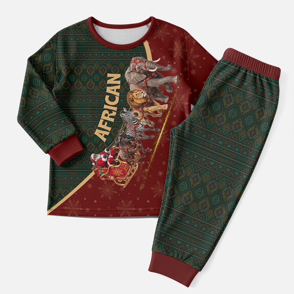 African Safari Animals Christmas Sleigh Christmas Pajama Set Festive Wildlife Tribal Pattern Santa Sleigh