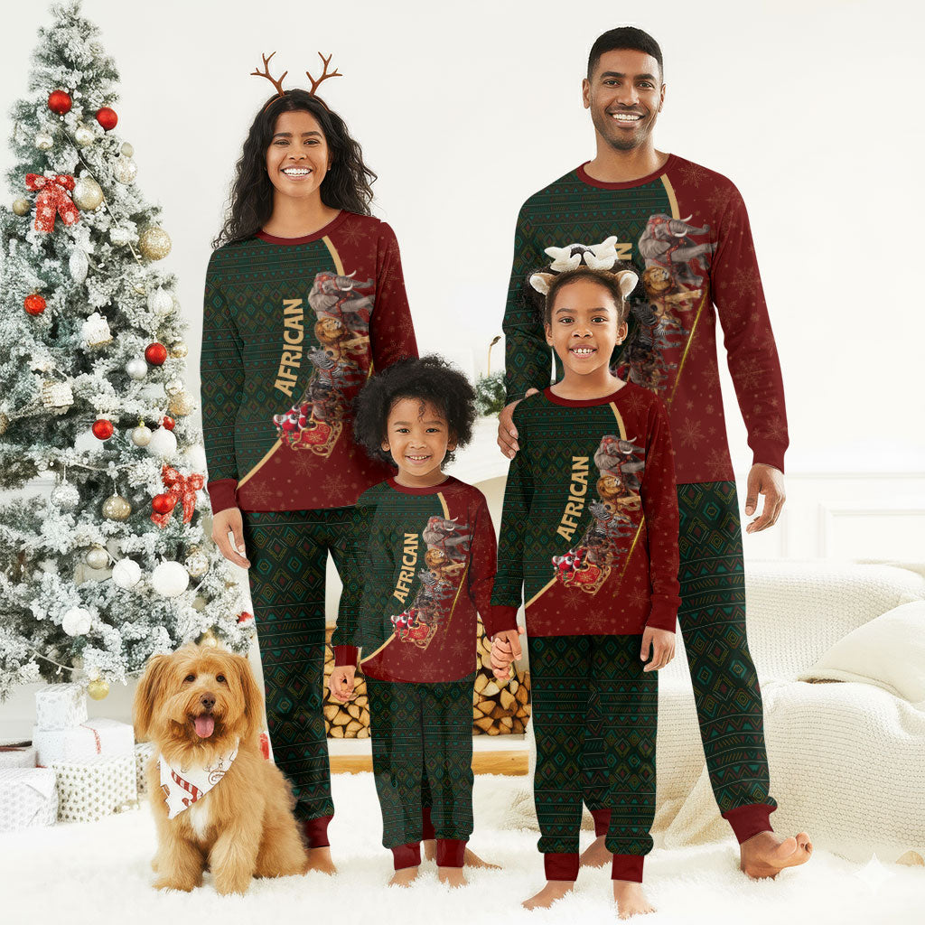 African Safari Animals Christmas Sleigh Christmas Pajama Set Festive Wildlife Tribal Pattern Santa Sleigh