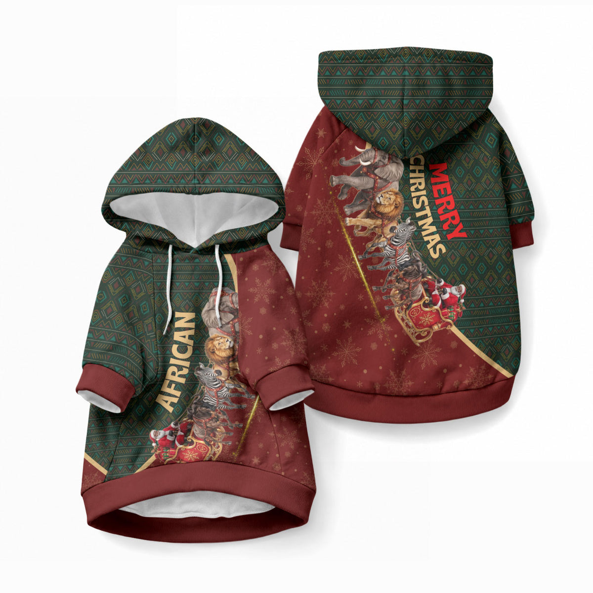 African Safari Animals Christmas Sleigh Pet Hoodie Festive Wildlife Tribal Pattern Santa Sleigh
