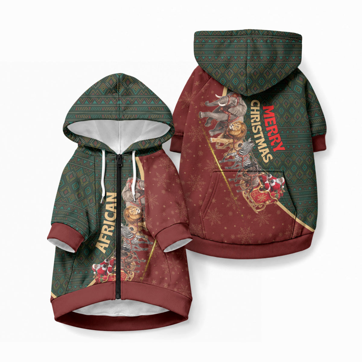 African Safari Animals Christmas Sleigh Pet Hoodie Festive Wildlife Tribal Pattern Santa Sleigh