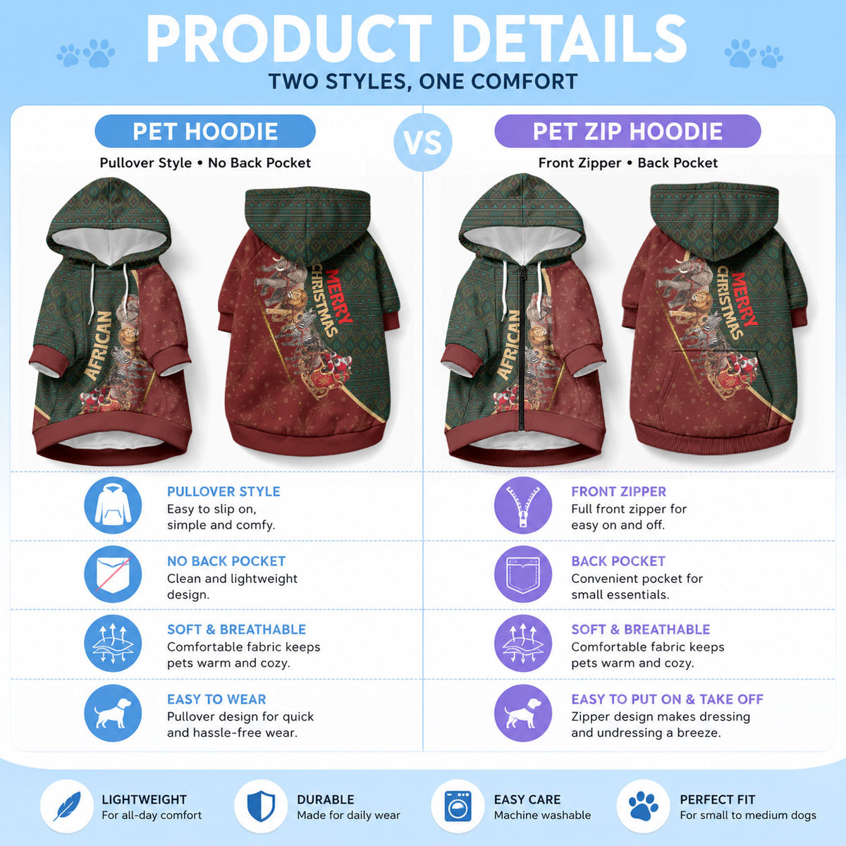 African Safari Animals Christmas Sleigh Pet Hoodie Festive Wildlife Tribal Pattern Santa Sleigh
