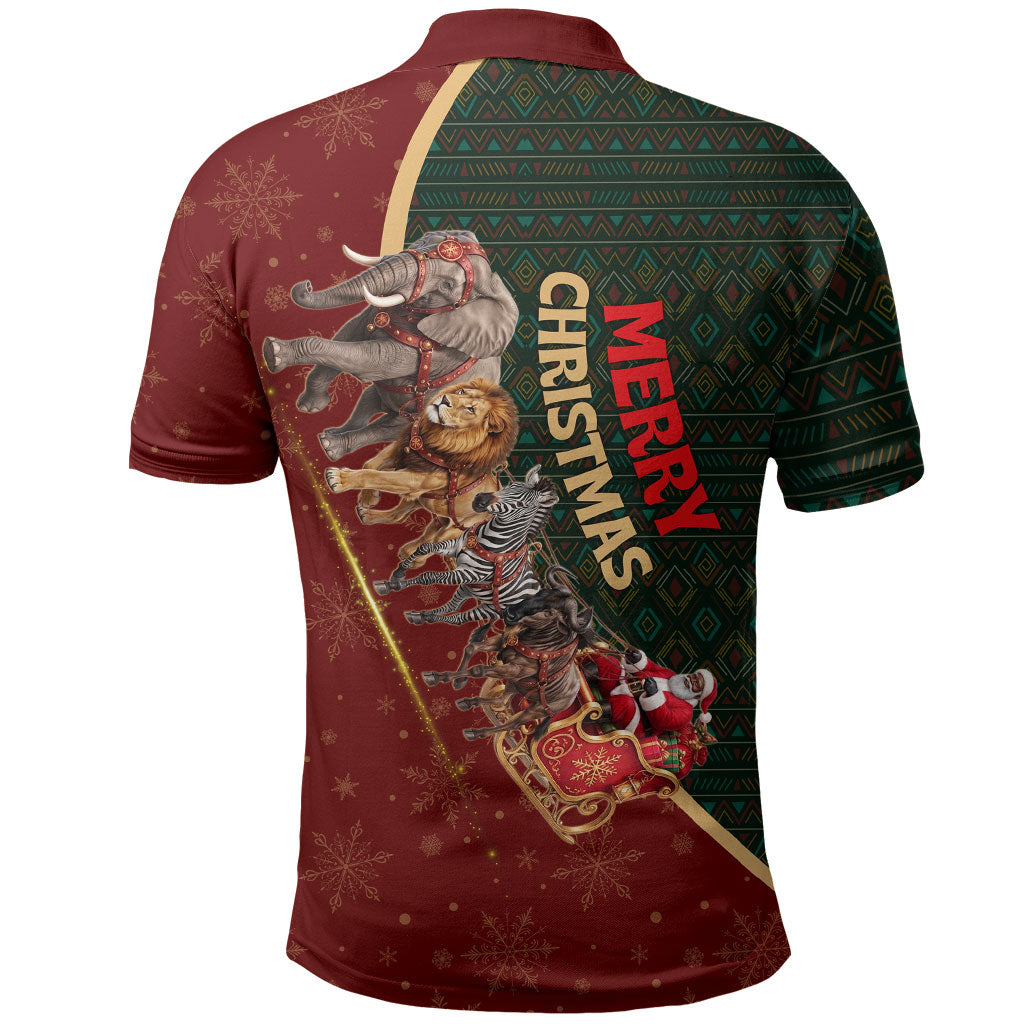 African Safari Animals Christmas Sleigh Polo Shirt Festive Wildlife Tribal Pattern Santa Sleigh