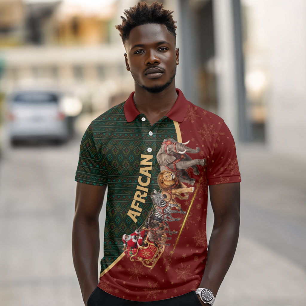 African Safari Animals Christmas Sleigh Polo Shirt Festive Wildlife Tribal Pattern Santa Sleigh