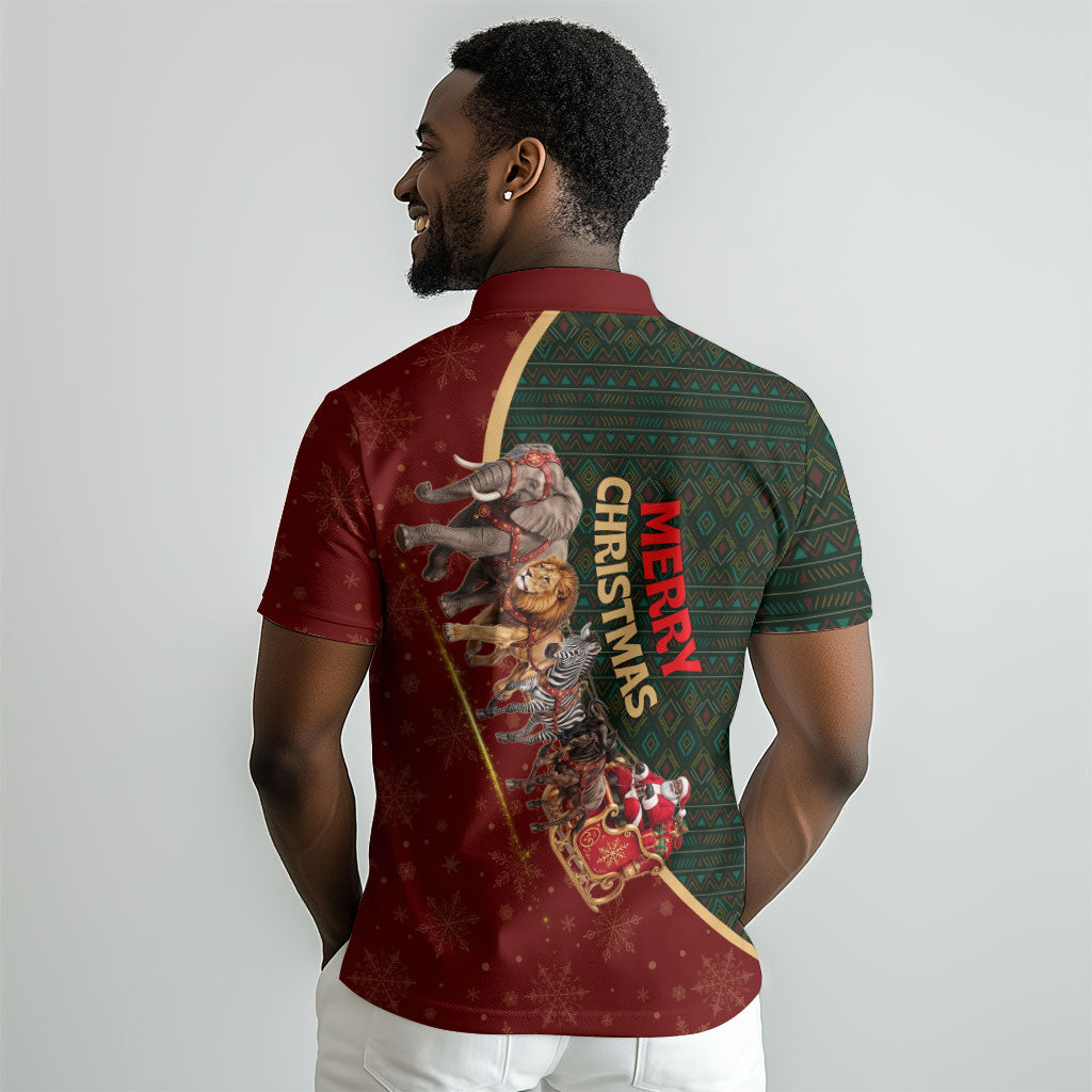 African Safari Animals Christmas Sleigh Polo Shirt Festive Wildlife Tribal Pattern Santa Sleigh