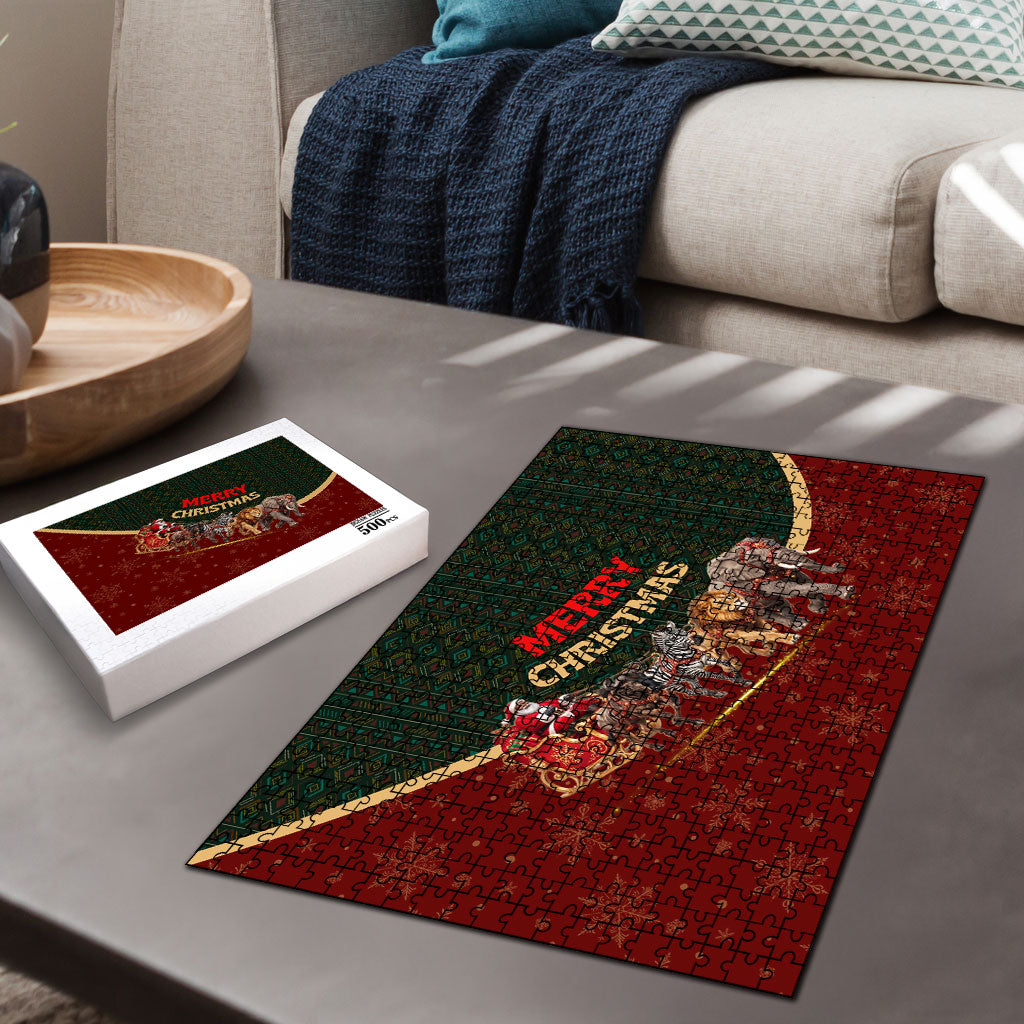 African Safari Animals Christmas Sleigh Puzzle Festive Wildlife Tribal Pattern Santa Sleigh