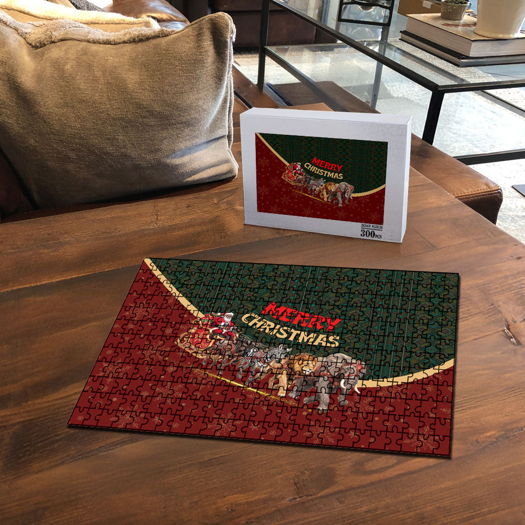 African Safari Animals Christmas Sleigh Puzzle Festive Wildlife Tribal Pattern Santa Sleigh