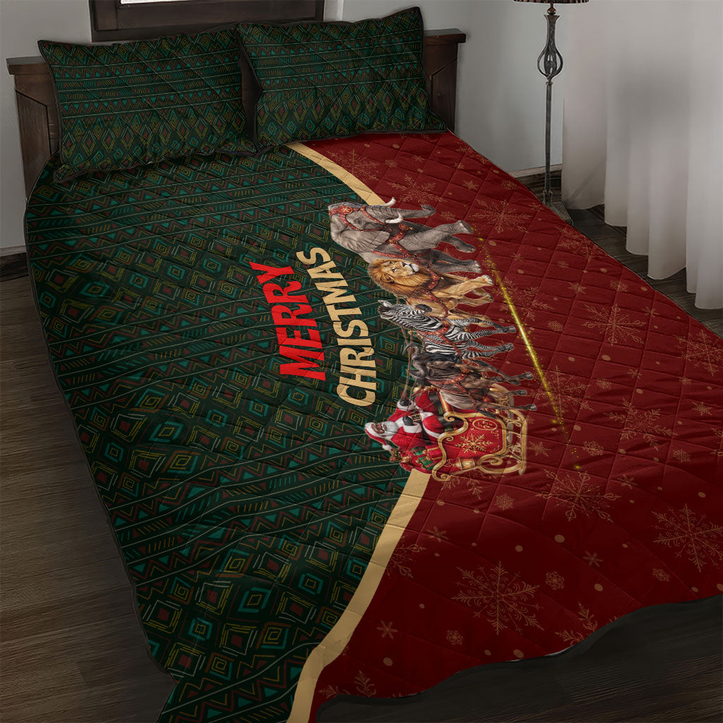 African Safari Animals Christmas Sleigh Quilt Bed Set Festive Wildlife Tribal Pattern Santa Sleigh
