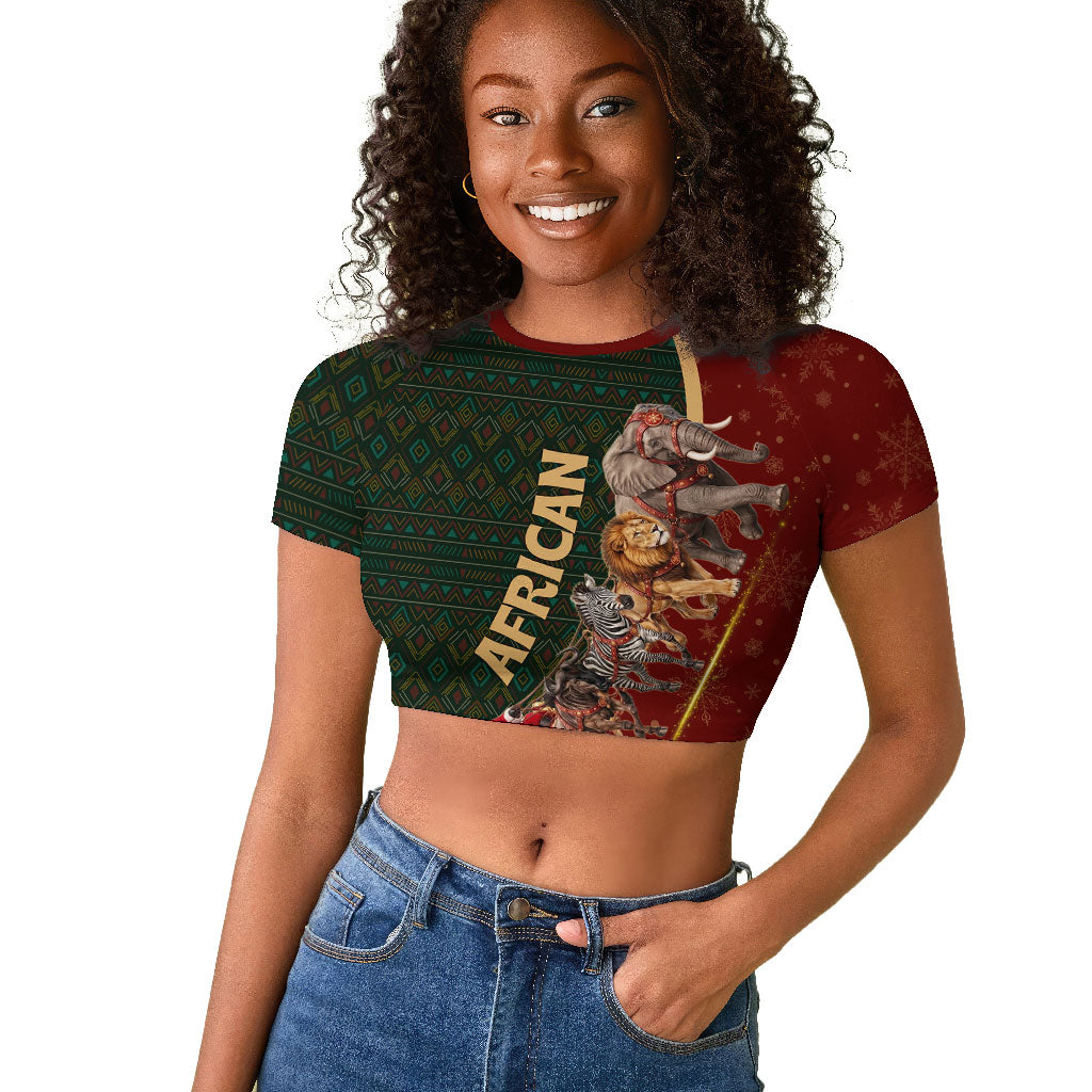 African Safari Animals Christmas Sleigh Raglan Cropped T shirt Festive Wildlife Tribal Pattern Santa Sleigh