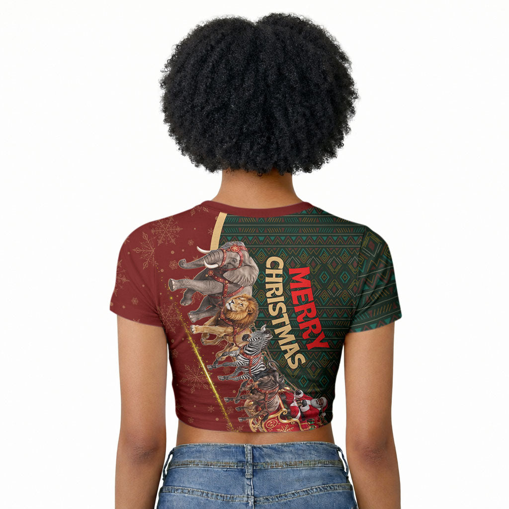 African Safari Animals Christmas Sleigh Raglan Cropped T shirt Festive Wildlife Tribal Pattern Santa Sleigh