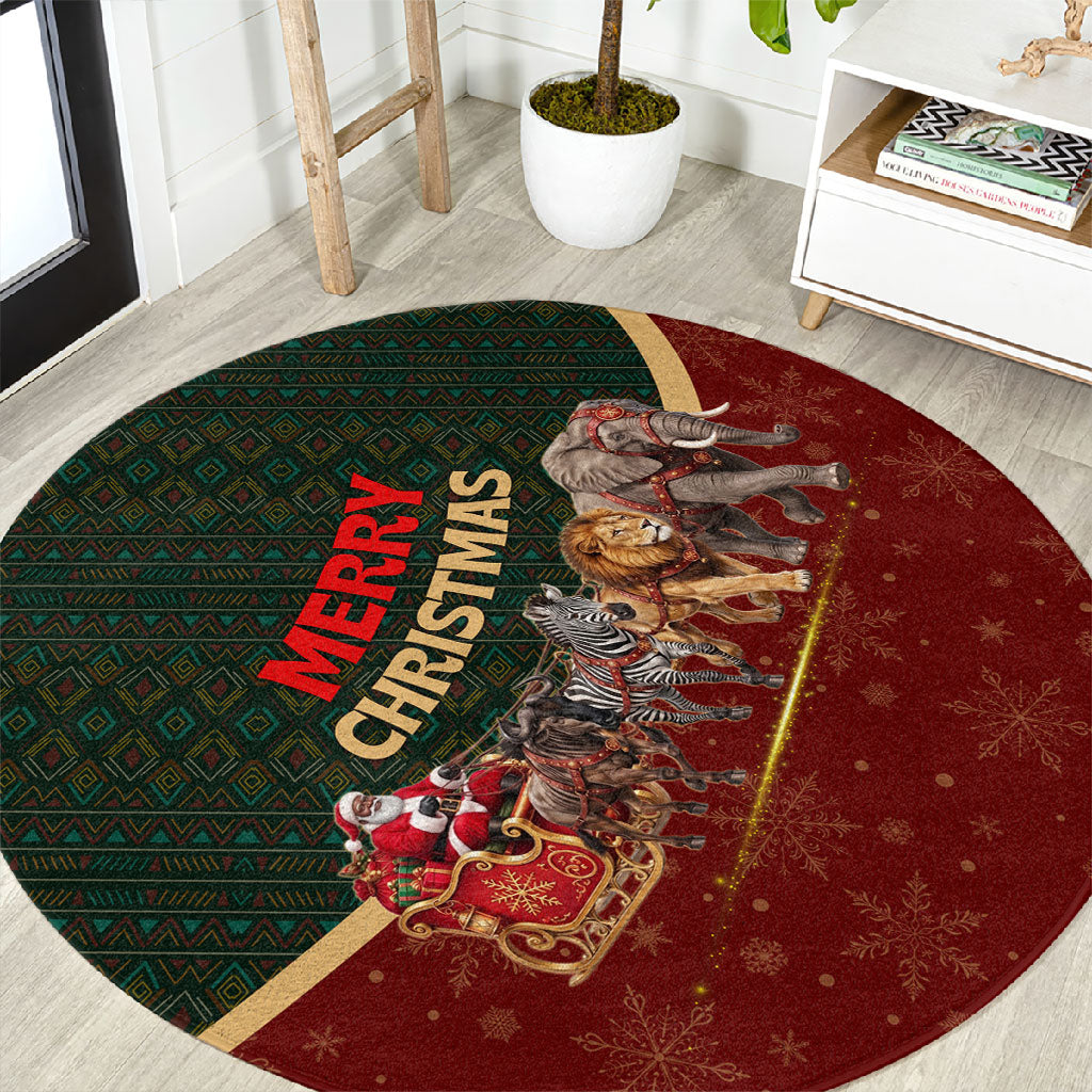 African Safari Animals Christmas Sleigh Round Carpet Festive Wildlife Tribal Pattern Santa Sleigh