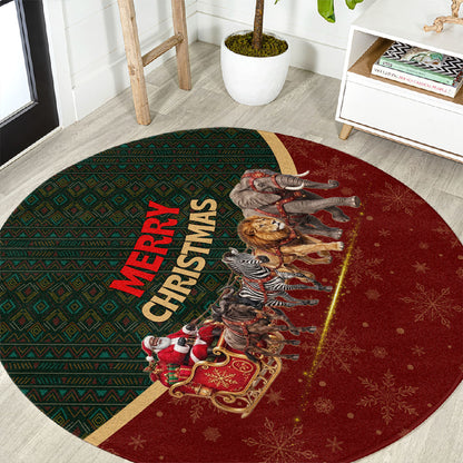 African Safari Animals Christmas Sleigh Round Carpet Festive Wildlife Tribal Pattern Santa Sleigh