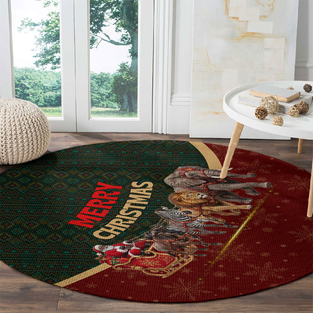 African Safari Animals Christmas Sleigh Round Carpet Festive Wildlife Tribal Pattern Santa Sleigh