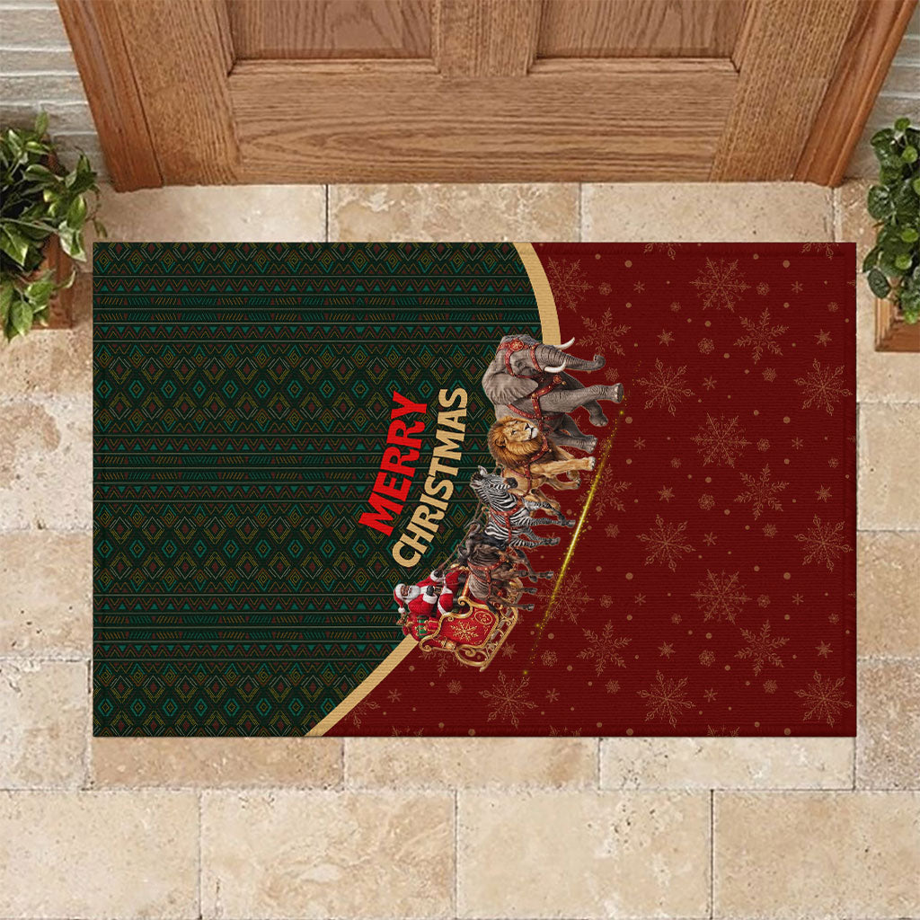 African Safari Animals Christmas Sleigh Rubber Doormat Festive Wildlife Tribal Pattern Santa Sleigh