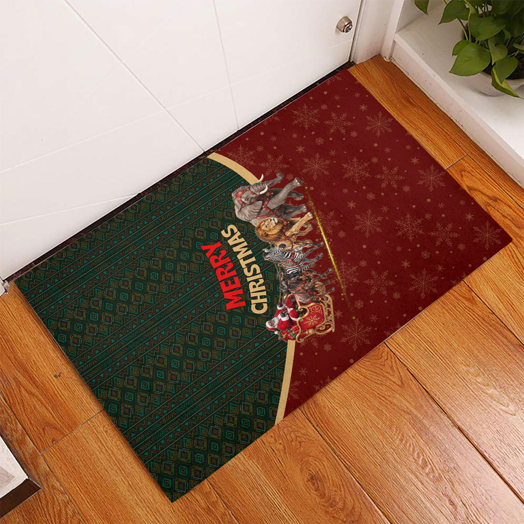 African Safari Animals Christmas Sleigh Rubber Doormat Festive Wildlife Tribal Pattern Santa Sleigh