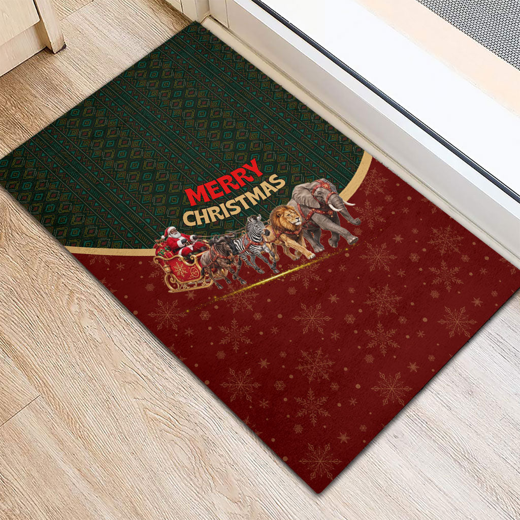 African Safari Animals Christmas Sleigh Rubber Doormat Festive Wildlife Tribal Pattern Santa Sleigh