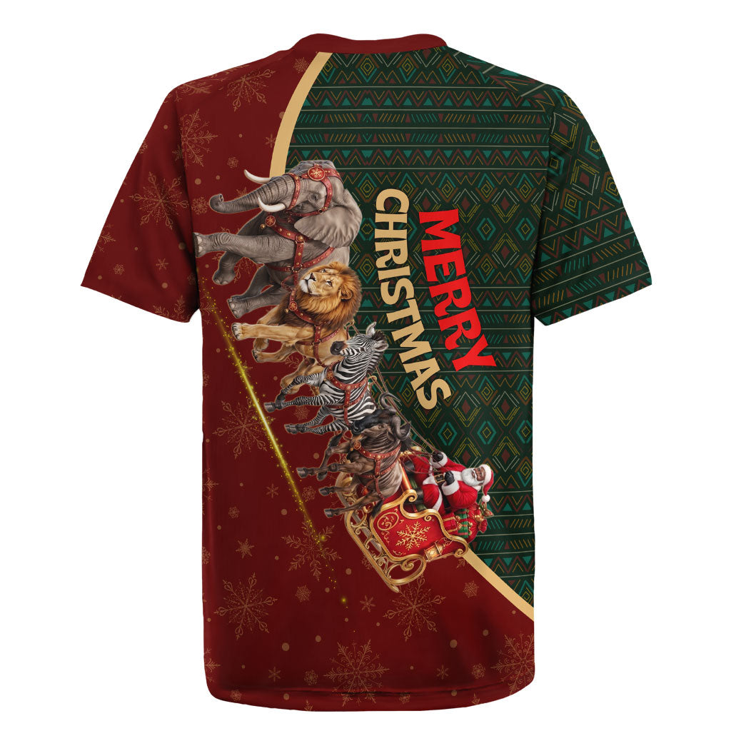 African Safari Animals Christmas Sleigh Rugby Jersey Festive Wildlife Tribal Pattern Santa Sleigh