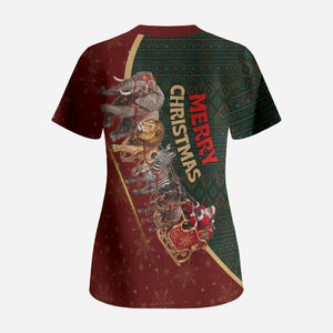 African Safari Animals Christmas Sleigh Scrub Top Festive Wildlife Tribal Pattern Santa Sleigh