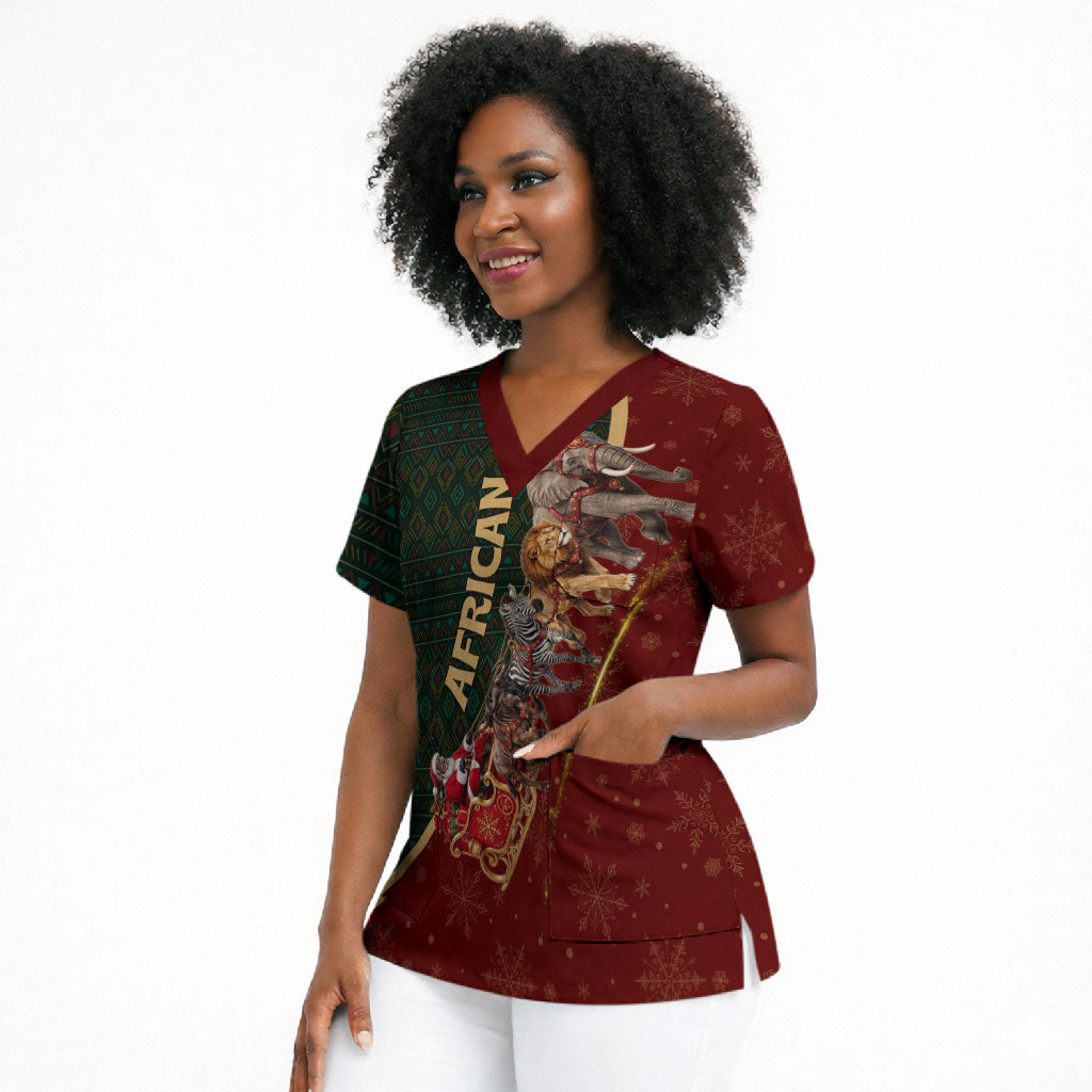 African Safari Animals Christmas Sleigh Scrub Top Festive Wildlife Tribal Pattern Santa Sleigh