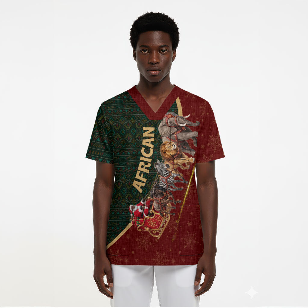 African Safari Animals Christmas Sleigh Scrub Top Festive Wildlife Tribal Pattern Santa Sleigh