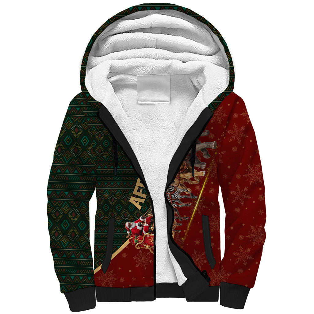 African Safari Animals Christmas Sleigh Sherpa Hoodie Festive Wildlife Tribal Pattern Santa Sleigh
