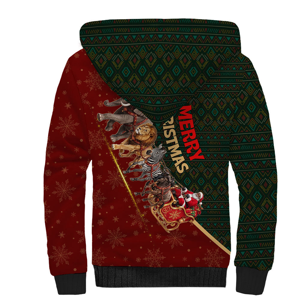 African Safari Animals Christmas Sleigh Sherpa Hoodie Festive Wildlife Tribal Pattern Santa Sleigh