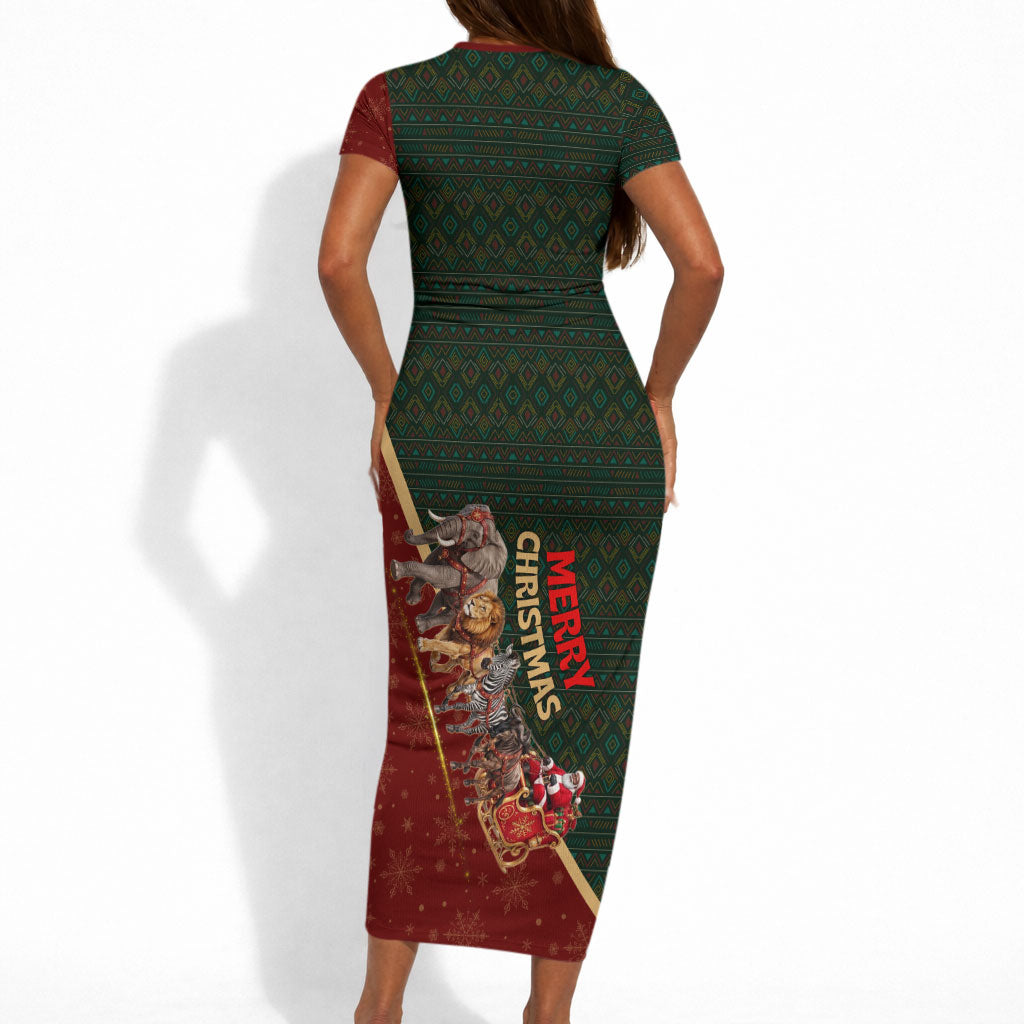 African Safari Animals Christmas Sleigh Short Sleeve Bodycon Dress Festive Wildlife Tribal Pattern Santa Sleigh