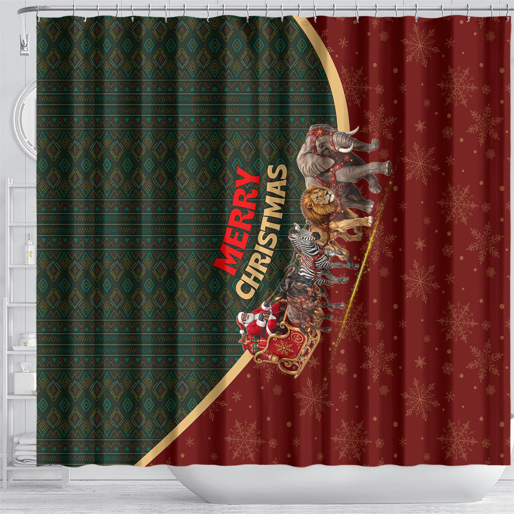 African Safari Animals Christmas Sleigh Shower Curtain Festive Wildlife Tribal Pattern Santa Sleigh