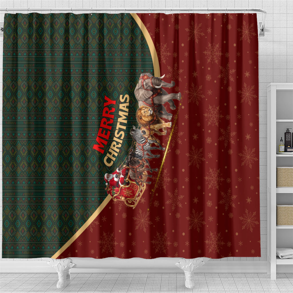 African Safari Animals Christmas Sleigh Shower Curtain Festive Wildlife Tribal Pattern Santa Sleigh