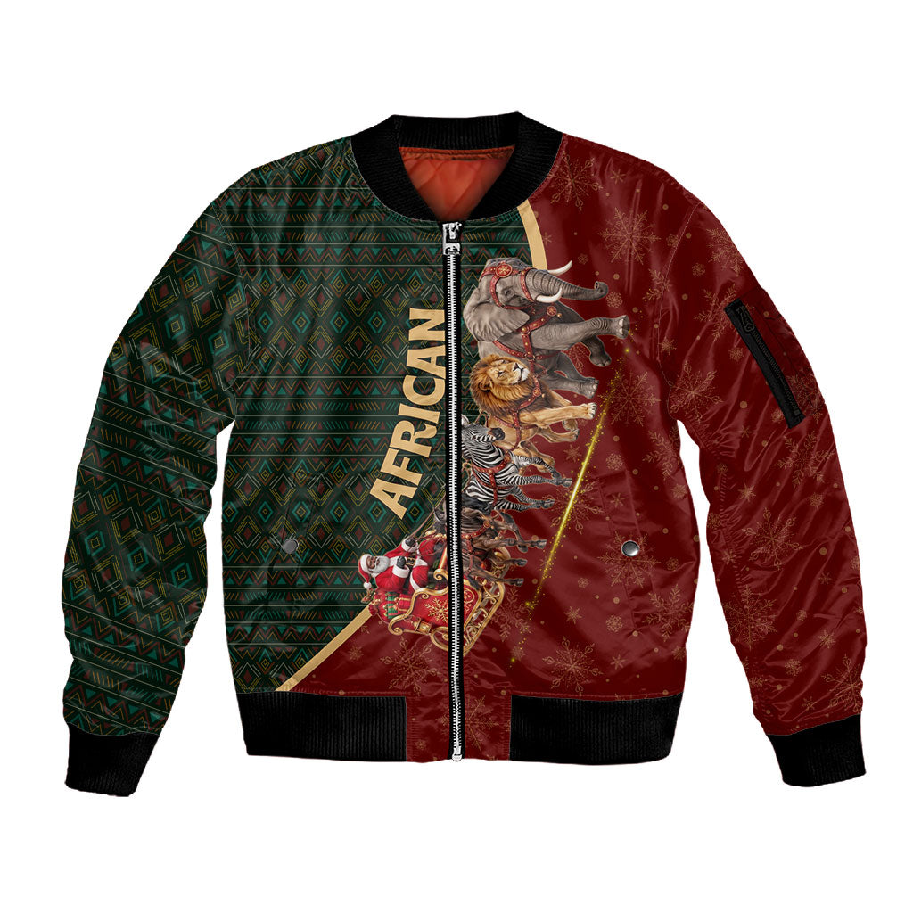 African Safari Animals Christmas Sleigh Sleeve Zip Bomber Jacket Festive Wildlife Tribal Pattern Santa Sleigh