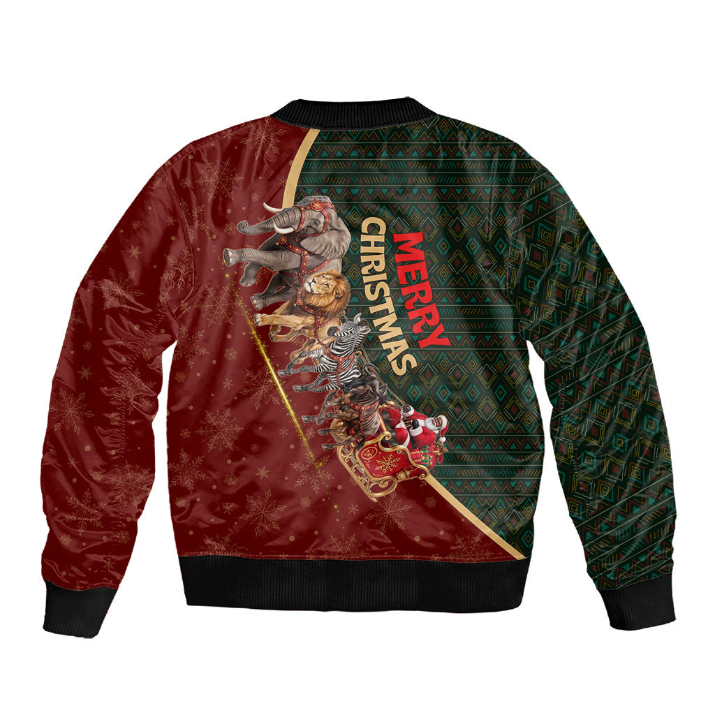 African Safari Animals Christmas Sleigh Sleeve Zip Bomber Jacket Festive Wildlife Tribal Pattern Santa Sleigh