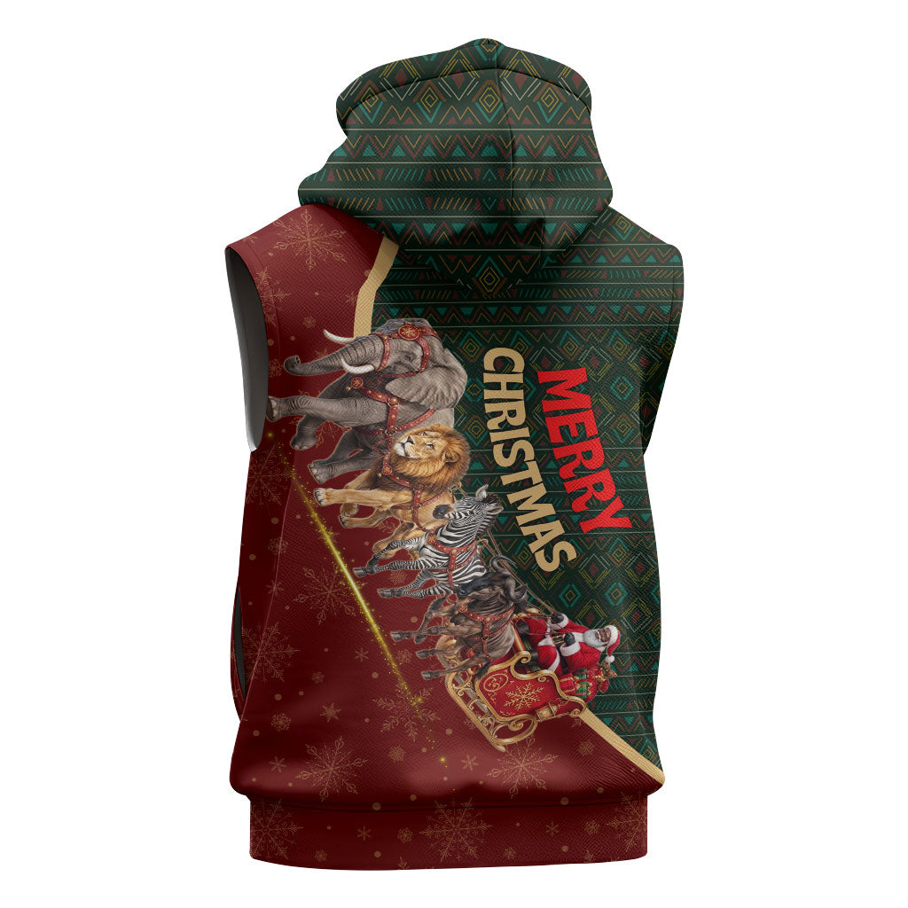 African Safari Animals Christmas Sleigh Sleeveless Hoodie Festive Wildlife Tribal Pattern Santa Sleigh