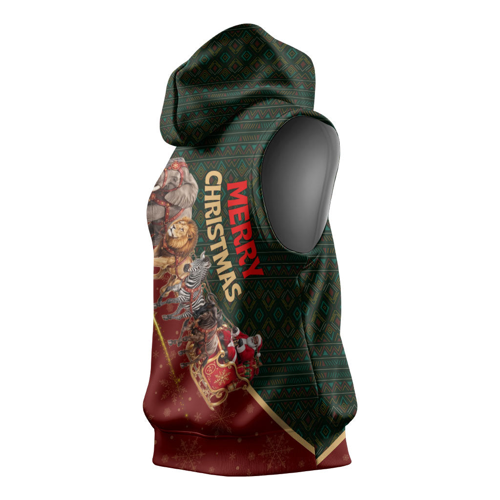 African Safari Animals Christmas Sleigh Sleeveless Hoodie Festive Wildlife Tribal Pattern Santa Sleigh