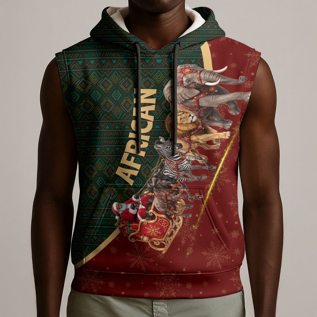 African Safari Animals Christmas Sleigh Sleeveless Hoodie Festive Wildlife Tribal Pattern Santa Sleigh
