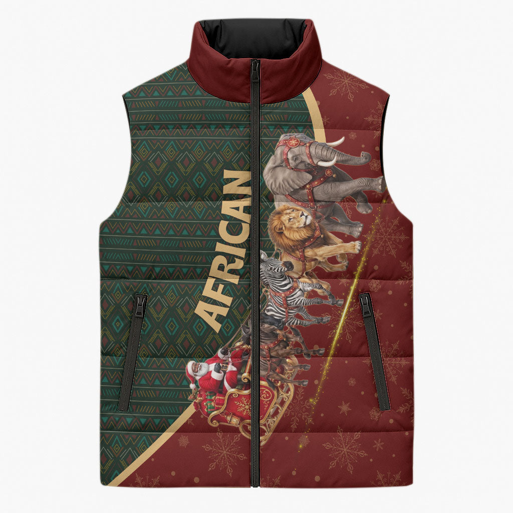 African Safari Animals Christmas Sleigh Sleeveless Puffer Jacket Festive Wildlife Tribal Pattern Santa Sleigh