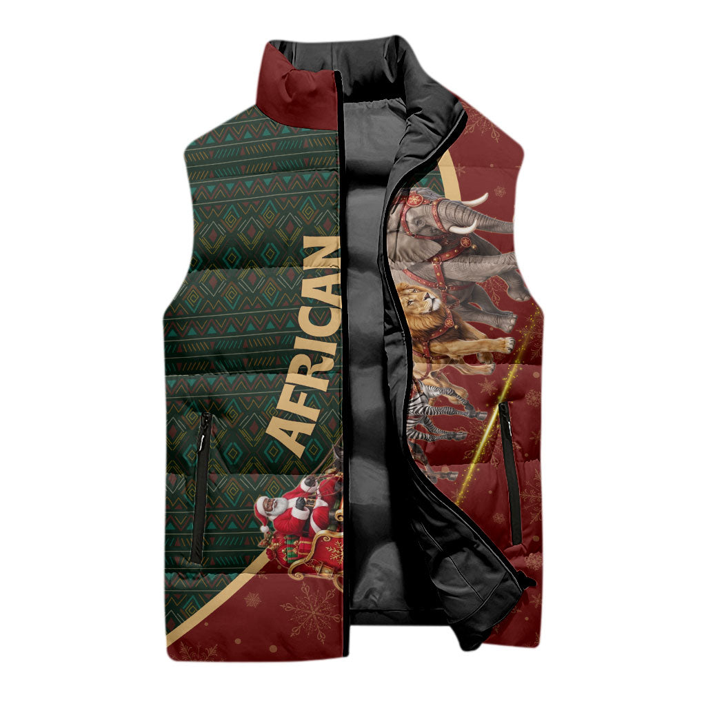 African Safari Animals Christmas Sleigh Sleeveless Puffer Jacket Festive Wildlife Tribal Pattern Santa Sleigh