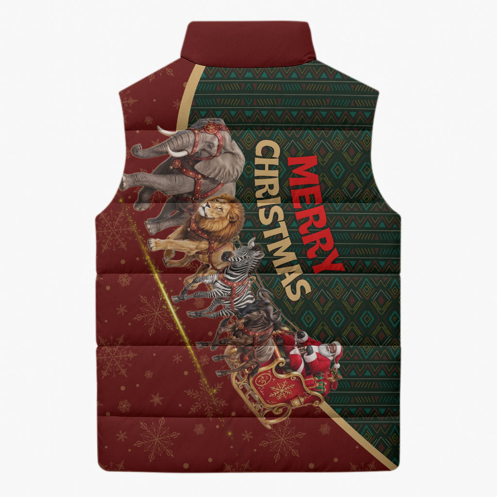 African Safari Animals Christmas Sleigh Sleeveless Puffer Jacket Festive Wildlife Tribal Pattern Santa Sleigh