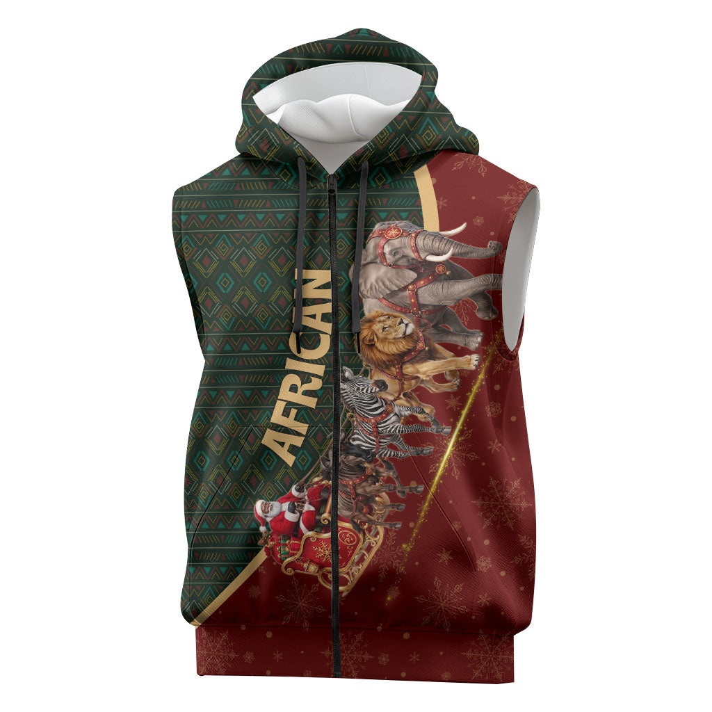 African Safari Animals Christmas Sleigh Sleeveless Zip Hoodie Festive Wildlife Tribal Pattern Santa Sleigh