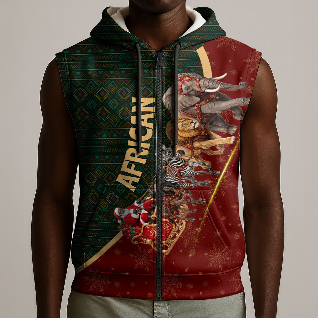 African Safari Animals Christmas Sleigh Sleeveless Zip Hoodie Festive Wildlife Tribal Pattern Santa Sleigh