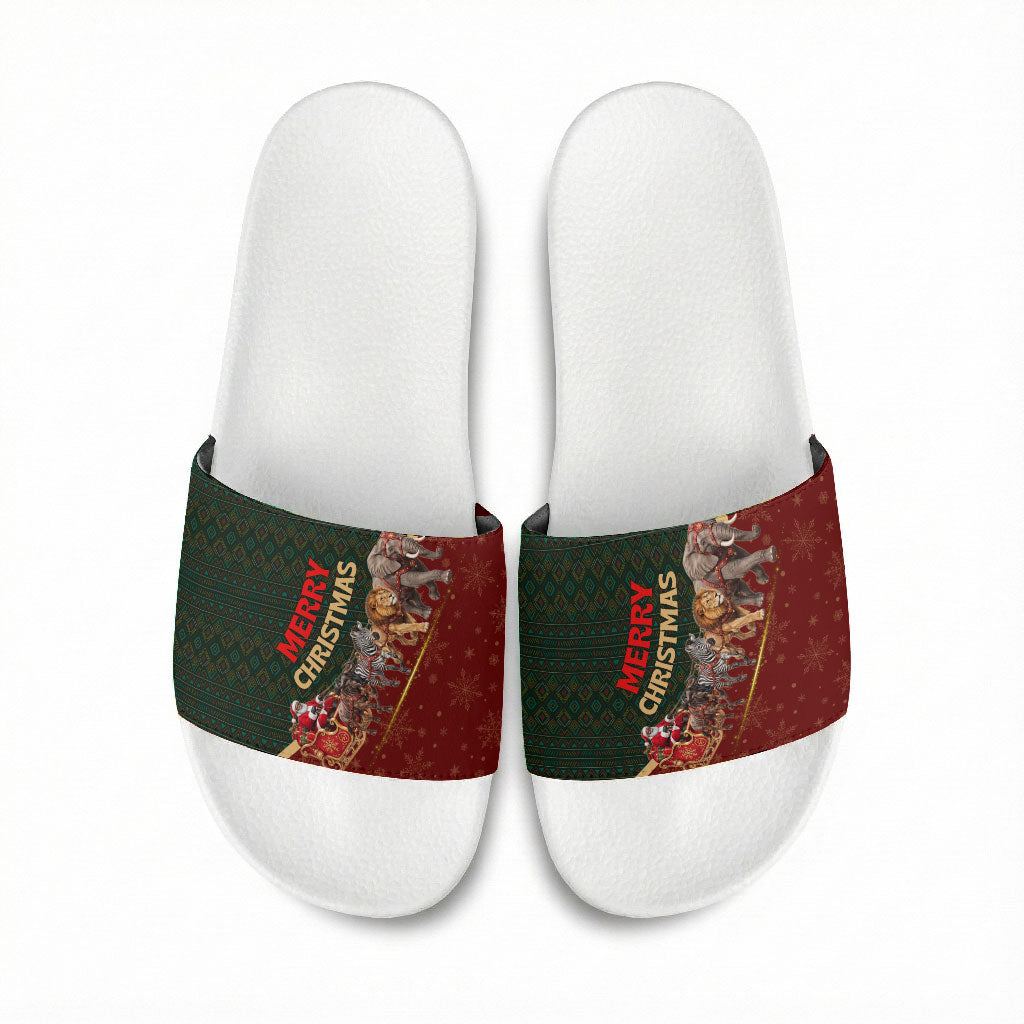 African Safari Animals Christmas Sleigh Slide Sandals Festive Wildlife Tribal Pattern Santa Sleigh