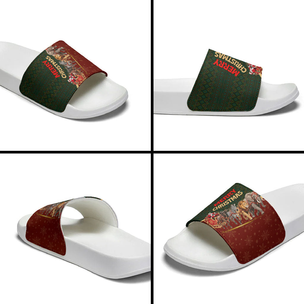African Safari Animals Christmas Sleigh Slide Sandals Festive Wildlife Tribal Pattern Santa Sleigh
