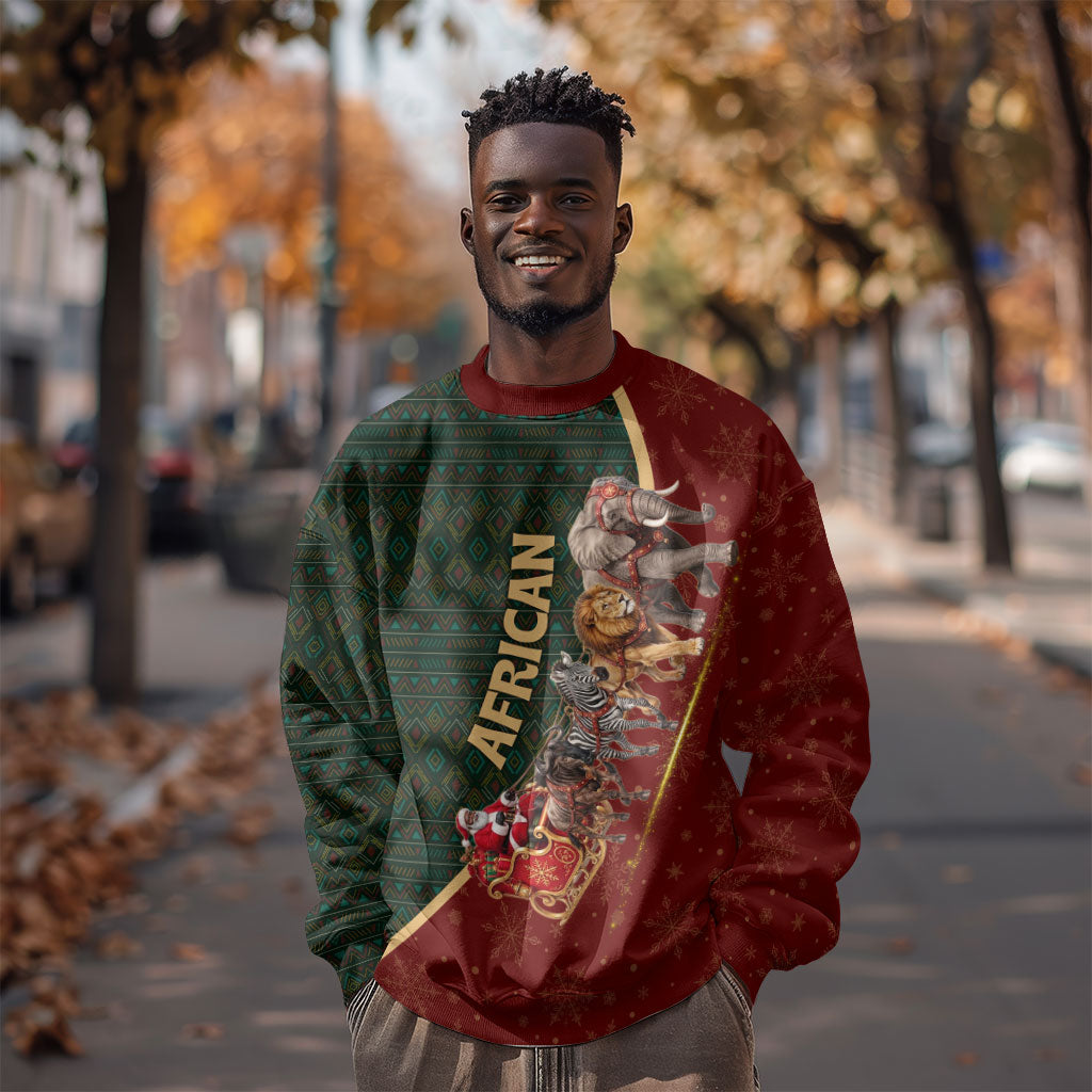 African Safari Animals Christmas Sleigh Sweatshirt Festive Wildlife Tribal Pattern Santa Sleigh