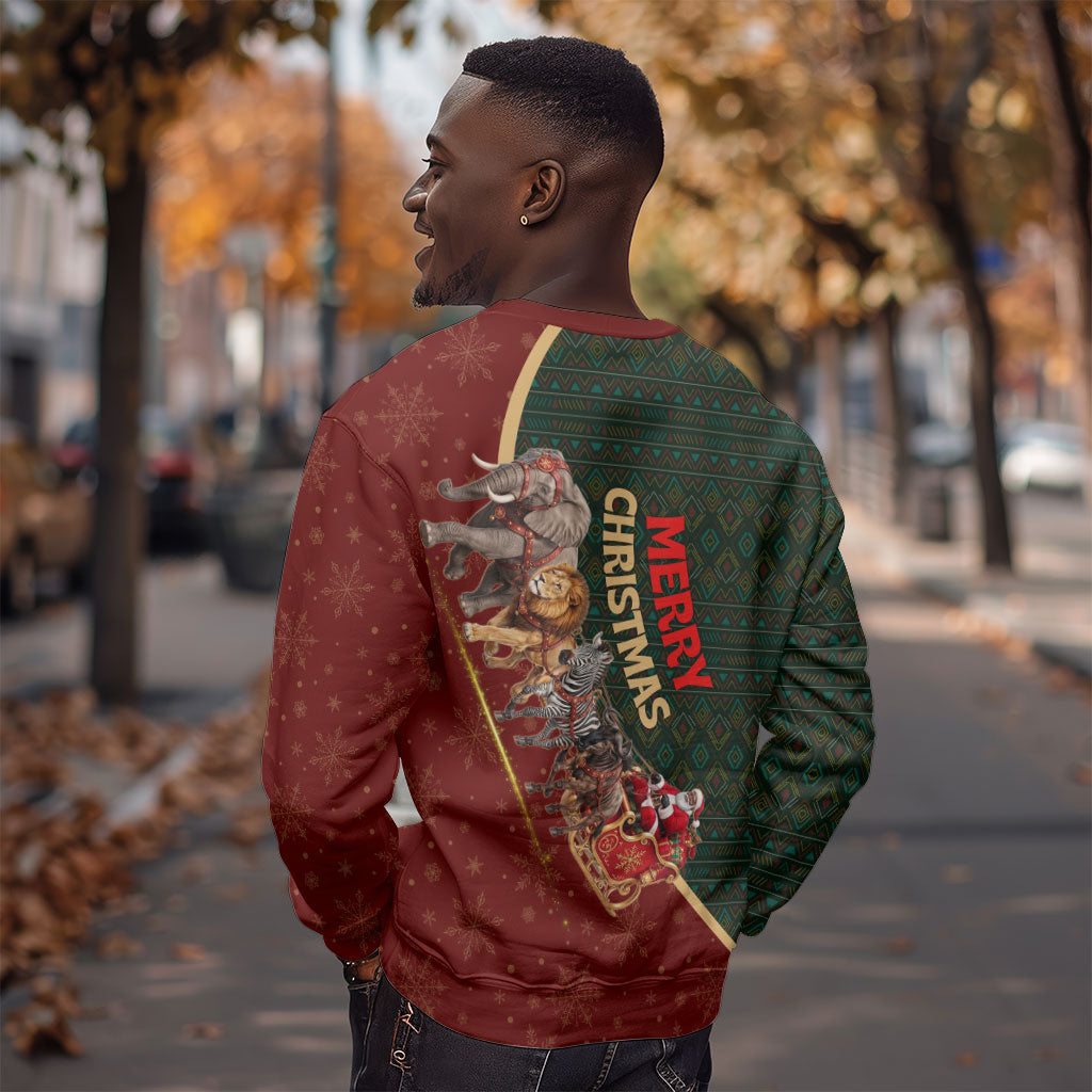 African Safari Animals Christmas Sleigh Sweatshirt Festive Wildlife Tribal Pattern Santa Sleigh